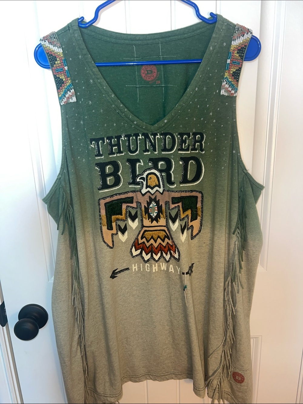 Double D Ranch Olive Green Ombre 'Thunder Bird' Fringe Tank Western, Boho 2X